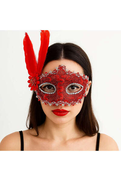 ZERO LAND Lvsqvr Red Color Feathered Lace up Eyes with Stones Prom (80504) Party Mask