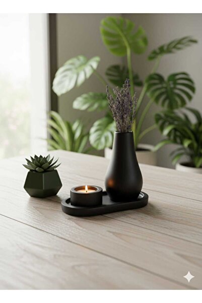 TACTIC Set decorativ negru de 3 - Set de vază și suport pentru lumânări minimal |   Produs elegant de decorare pentru casă și birou