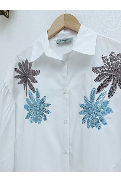 MissRunin Sequin Embroidered Cotton Poplin Shirt