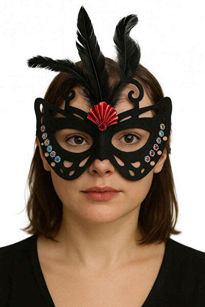 ZERO LAND Lvsqvr Black Color Black Suede Coated Feathered Butterfly Figure Party Mask (80519) 24X18 cm