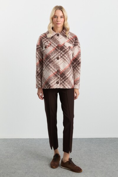 Selen Giyim Önü Düğmeli Düşük Kol Ekose Kaban