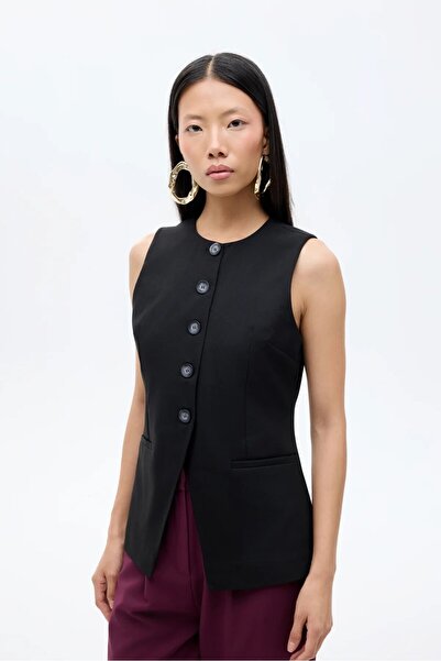 Saade Siyah Kadın Modern Fit Düz Kesim Düğmeli Dokuma Yelek