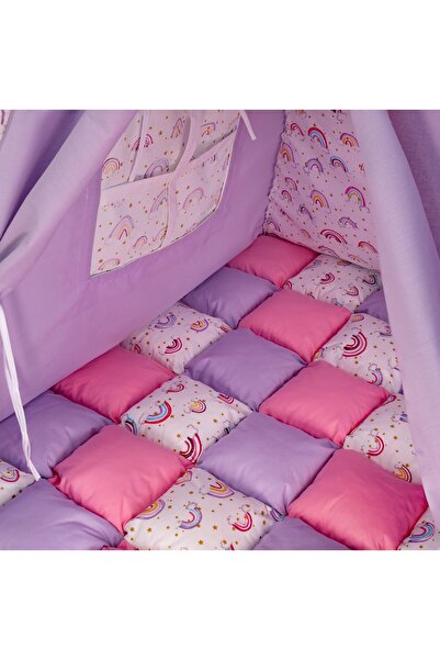 Pernador Cortulet de joaca Teepee 105 x 105cm fara salteluta, mov cu roz si curcubeu