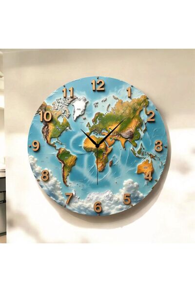 World Map Color Print Patterned Numbered Christmas Gift Wooden Silent Table Wall Clock
