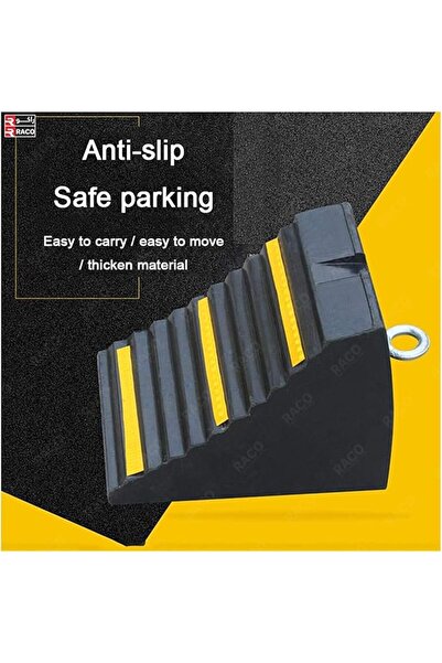 Raco Heavy Duty Rubber Wheel Chocks - 24x16x19cm Wedges with Eyebolt Handles & Yellow Strips