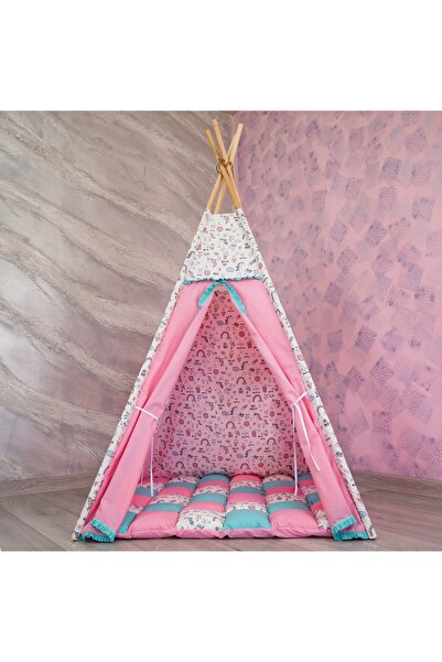 Pernador Teepee playpen 105 x 105cm without mattress, pink with turquoise and colorful unicorns