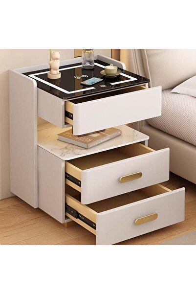 eR D L Smart bedside table with wireless charging, adjustable LED lights,3 storage drawers,50x40x56cm,white