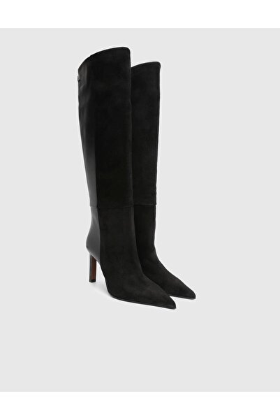 İLVİ Erica Hakiki Süet Deri Kadın Siyah Topuklu Çizme