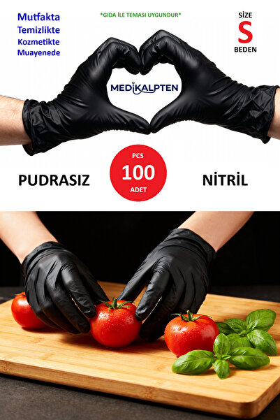 MEDİKALPTEN Siyah Nitril Pudrasız Hijyenik Eldiven (S Beden-100 Adet) Muayene Temizlik Mutfak Çok Amaçlı Eldiven