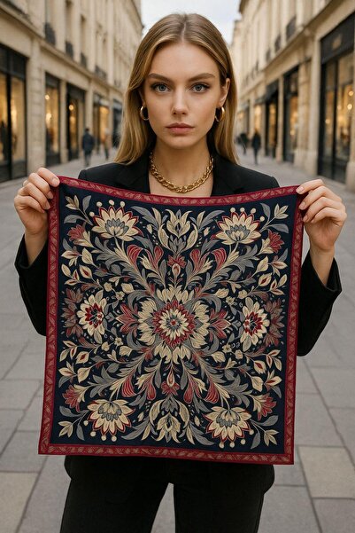 Axesoire 14836 Şal Desenli Siyah Çift Tarafı Baskılı Bandana Fular 70x70 cm