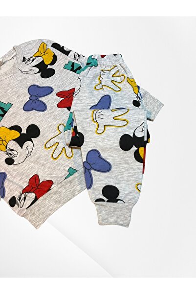 Pajama Shop Girl's Cotton Fabric Gray Color Fleece-Lined Mouse Pattern Long Sleeve Winter Pajamas Set