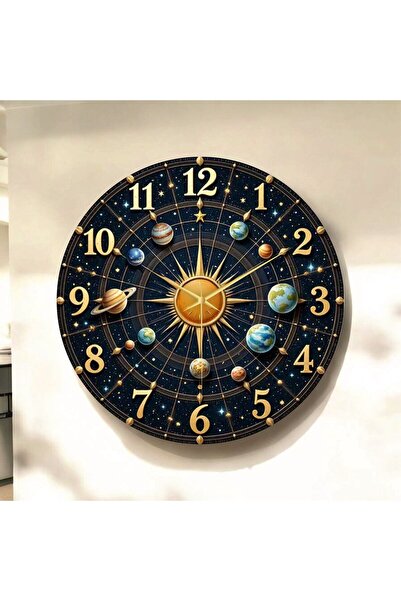 AA Shop Uzay Güneş Sistem Renkli Baskı Desenli Sayılı Yılbaşı Hediyelik Ahşap Sessiz Tablo Duvar Saati