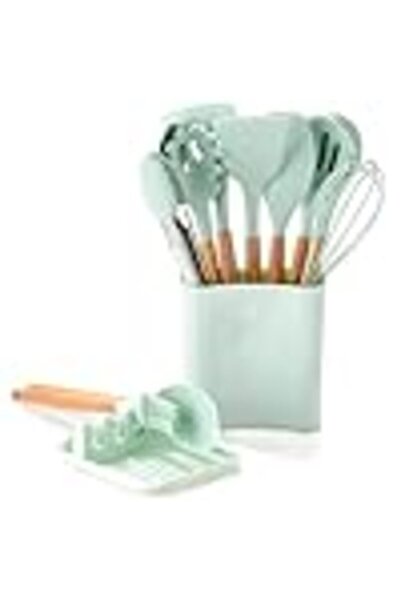 COOYA Silicone kitchen cooking utensils set Wood handle cooking utensils set(Light green)