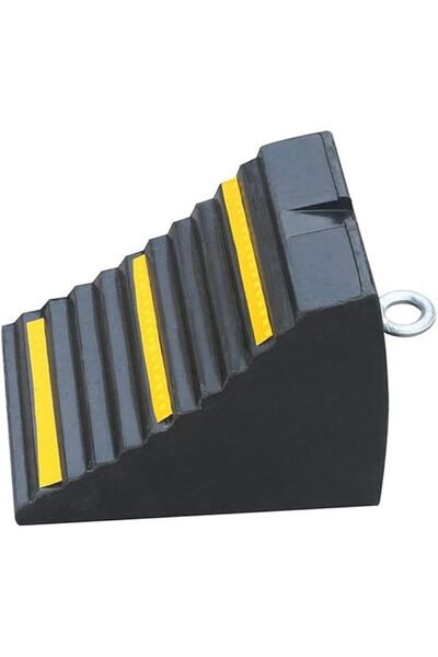 Raco Heavy Duty Rubber Wheel Chocks - 24x16x19cm Wedges with Eyebolt Handles & Yellow Strips