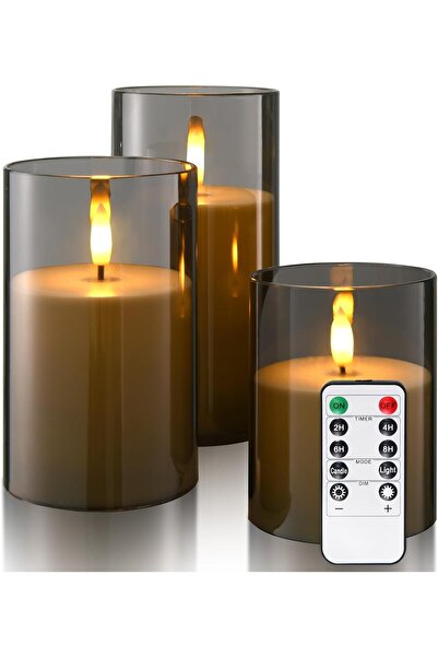 yoyimoore شموع زجاجية شفافة بدون لهب مع مؤقت عن بعد، شموع عمودية متوهجة تعمل بالبطارية، مجموعة من 3 شموع