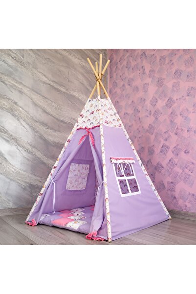Pernador Teepee playpen 105 x 105cm with mattress, purple with pink and rainbow