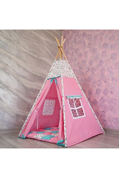 Pernador Cortulet de joaca Teepee 120 x 120cm fara salteluta, roz cu turcoaz si unicorni colorati