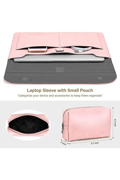 Mosiso Laptop Case 13 inch PU Leather Sleeve with Stand & Small Pouch - Pink