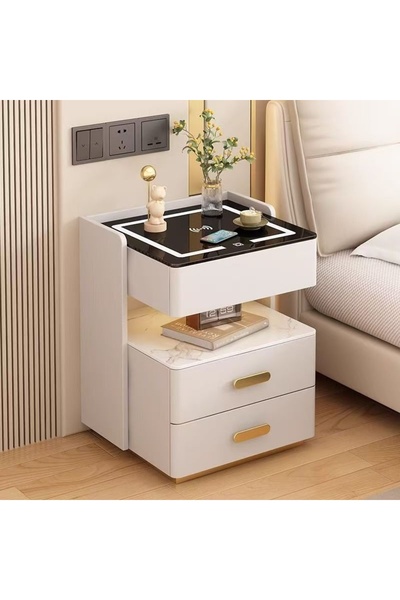 eR D L Smart bedside table with wireless charging, adjustable LED lights,3 storage drawers,50x40x56cm,white