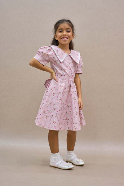 KÜÇÜĞÜM BUTİK Vintage Girl's Collared Pink-Burgundy Floral Flared Dress