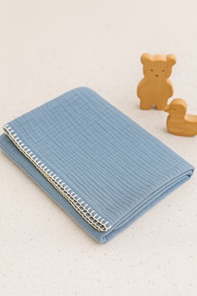 Heianmono Kids 4 Kat Çoban Dikişli Mavi Müslin Battaniye % 100 Pamuk