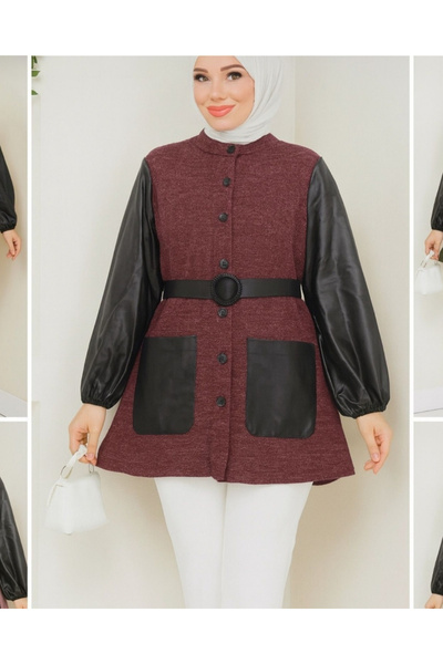 Hugglii Knitwear Leather Sleeve Detailed Short Tunic