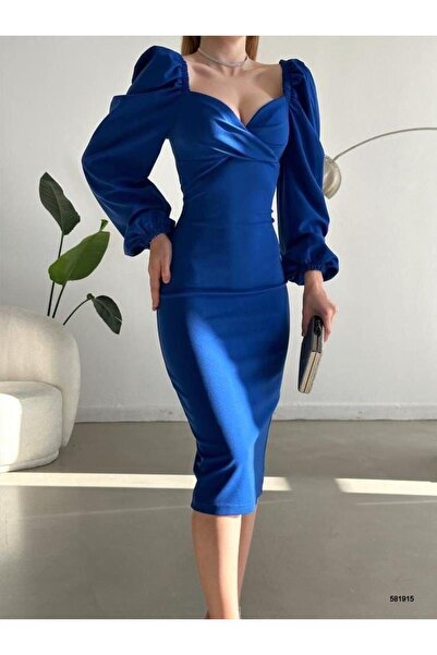 Modafeminen Double Breasted Neckline Balloon Sleeve Imported Crepe Fabric Midi Length Dress