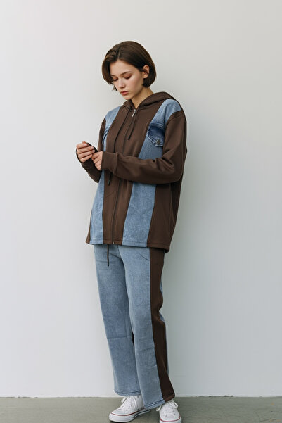 NEWCO Women's Denim/Jean Detailed Zippered Hooded Sweatshirt and Side Stripe Sweatpants Set