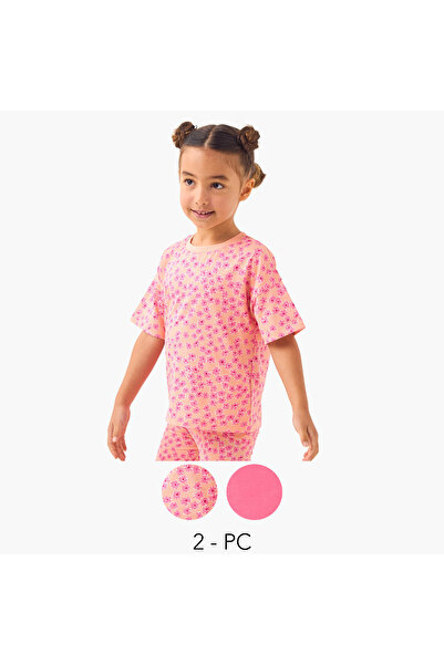 Juniors Printed T-shirt with Drop Shoulder Sleeves - Set of 2