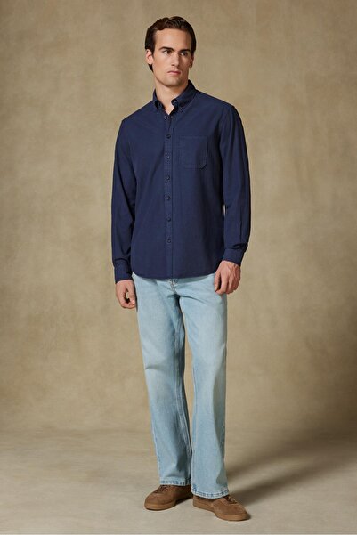 Abbate Federico Woven Lyocell Comfort Fit Navy Blue Button down Collar Men's Plain Shirt