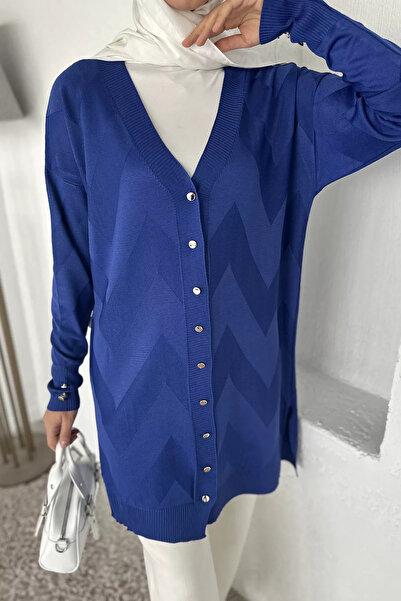 Zehra Gül Saksmavisi Ön Düğmeli Desenli Tesettür Triko Hırka (m-l-xl Uyumludur)