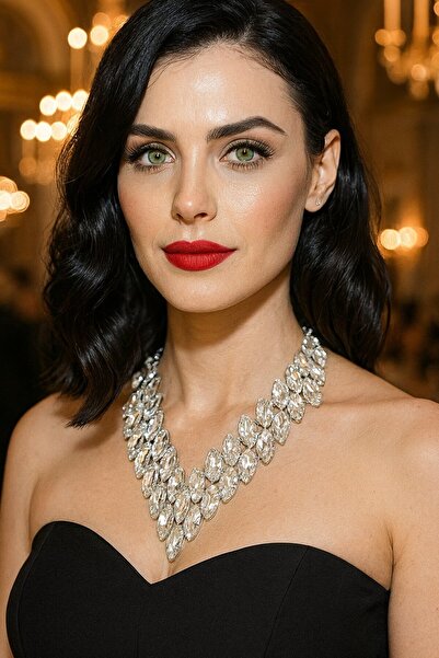 TAKIŞTIR Silver Color Stone Detailed Design Evening Dress Necklace