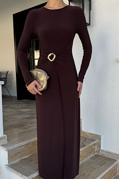 Zehra Gül Kahve Kadın Bel Tokalı Elbise