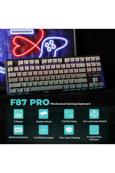 Epomaker x AULA F87 Pro 87-Key Wireless Gasket Mechanical Keyboard (Black Grey, Graywood V3)