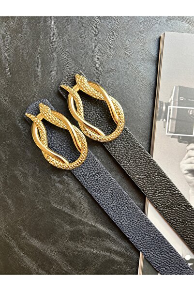 LİA KEMER Pachet de 2 curele cu cataramă cu model de șarpe auriu, centură pen...