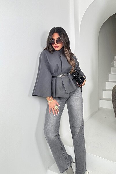 Sohotique By P Kaşe Fabric Belted Poncho Gray