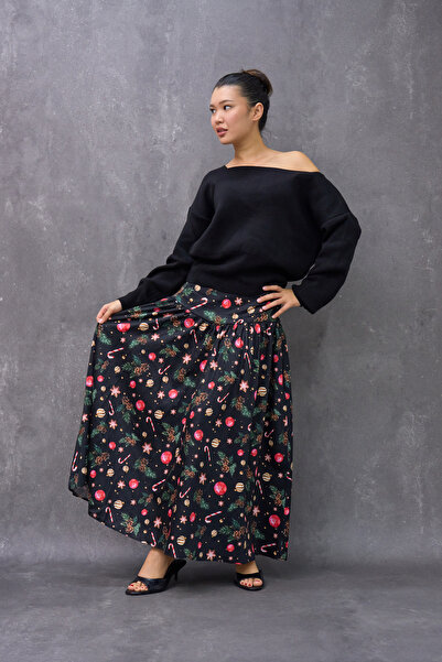 KÜÇÜĞÜM BUTİK Winter Dream Pleated Black Figured Satin Ruffled Skirt