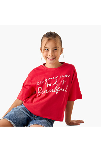 Juniors Slogan Print T-shirt with Short Sleeves and Round Neck