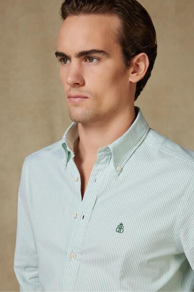 Abbate Luca Oxford Stretch Cotton Blend Comfort Fit Green Button down Collar Men's Striped Shirt