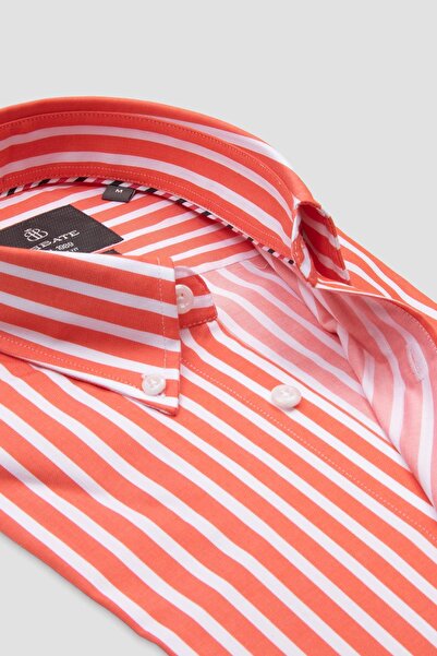 Abbate Matteo Twill Cotton Comfort Fit Salmon Button down Collar Men's Striped Shirt