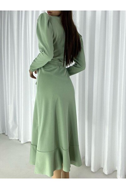 Modafeminen Double-Breasted Collar Long Sleeve Flawed Dress with Belt Midi Length Dress Mint 581838