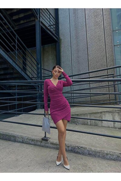 Modafeminen V-Neck Draped Mini Flowers Fabric Dress Long Sleeve 583063 Fuchsia