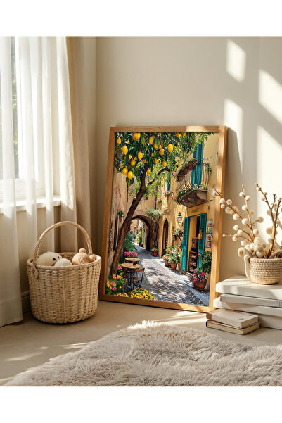 alphobitasarım Akdeniz Kasabası Sokaklarının Sıcaklığı Limon Ağacının Serinliği - Yağlı Boya Görünümlü - Tek Tablo