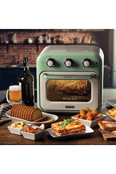 ARIETE VINTAGE 4632/04 Hot Air Fryer-Oven, 1400W, 16l, 230C, 60min Timer,Rotating Basket,White/Green