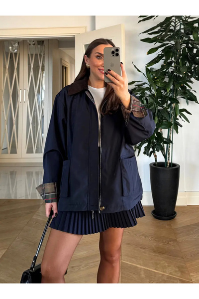 Mzr Collection KADIN KADİFE YAKA EKOSE ASTARLI CEKET