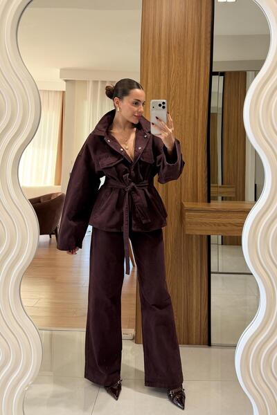 Gizem Ecemiş Callow Mürdüm Kuşaklı Denim Takım