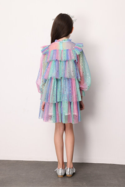 Le Mabelle Çok Renkli Varak Yıldız Baskılı Katlı Kız Çocuk Elbise - Chloe