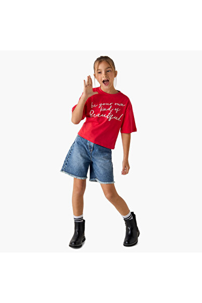 Juniors Slogan Print T-shirt with Short Sleeves and Round Neck