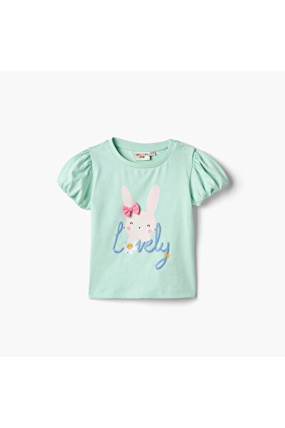 Juniors تي شيرت بطبعة أرنب وأكمام منفوخة