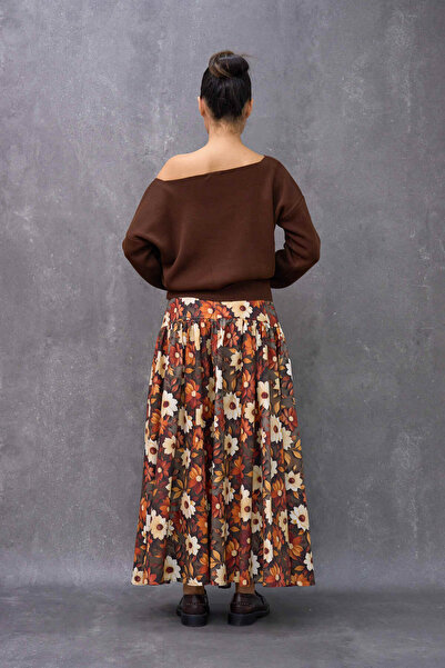 KÜÇÜĞÜM BUTİK Vintage Coffee Daisy Patterned Satin Flared Skirt